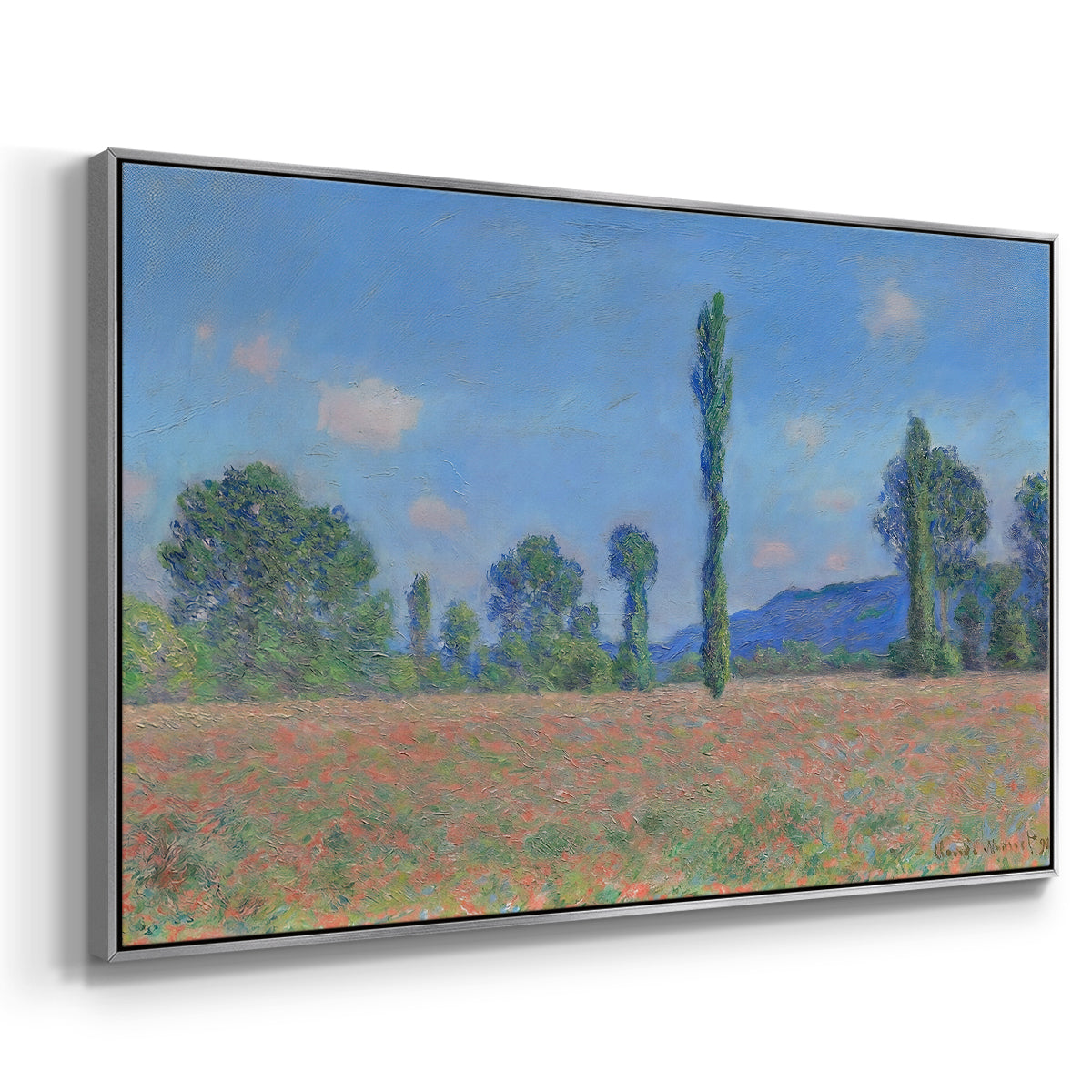 Angled view of Poppy Field (Giverny), 1890-1891 by Claude Monet in a silver floater framed canvas.