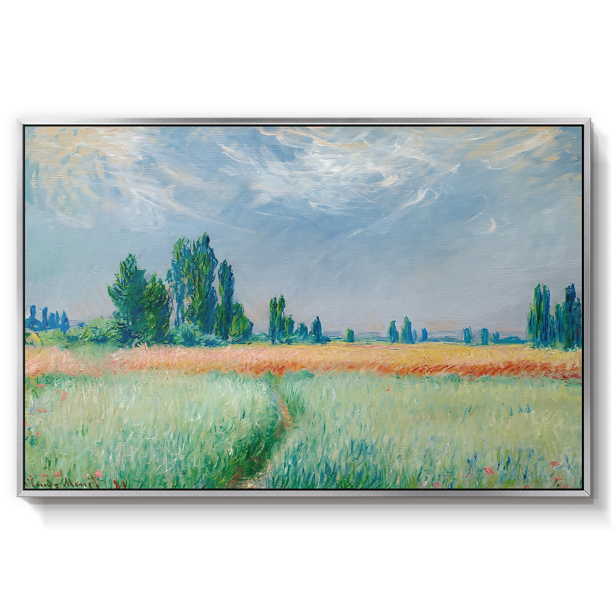 The Wheat Field (Champ de Blé), 1881 by Claude Monet in a silver floater framed canvas wall art display.