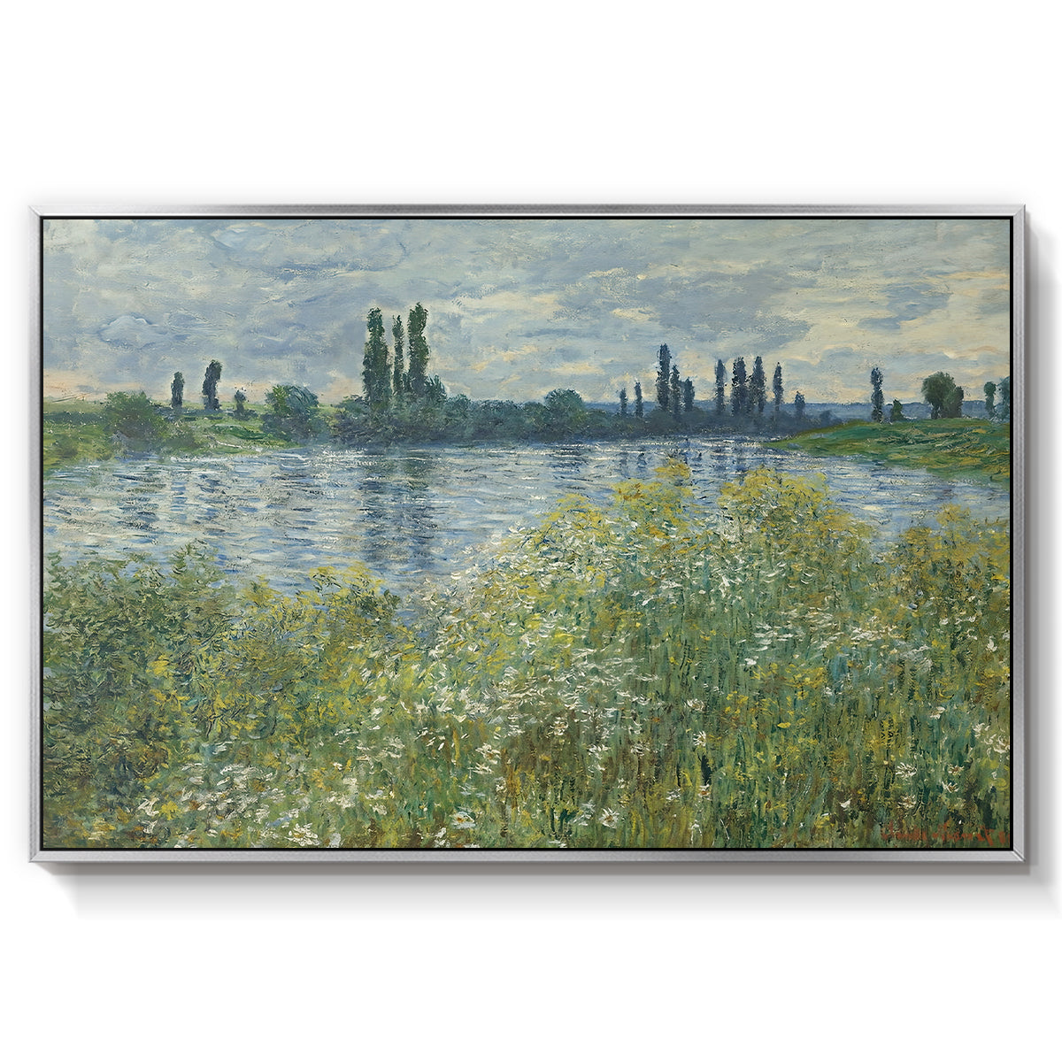 Banks of the Seine, Vétheuil, 1880 by Claude Monet in a silver floater framed canvas wall art display.
