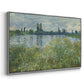 Angled view of Banks of the Seine, Vétheuil, 1880 by Claude Monet in a silver floater framed canvas.