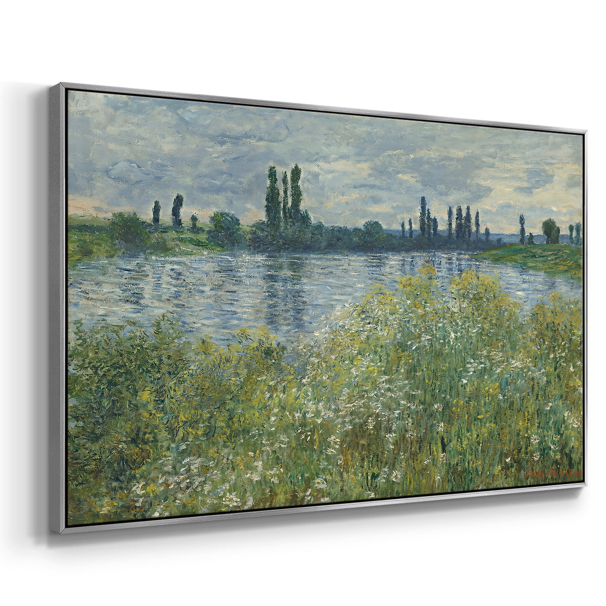 Angled view of Banks of the Seine, Vétheuil, 1880 by Claude Monet in a silver floater framed canvas.