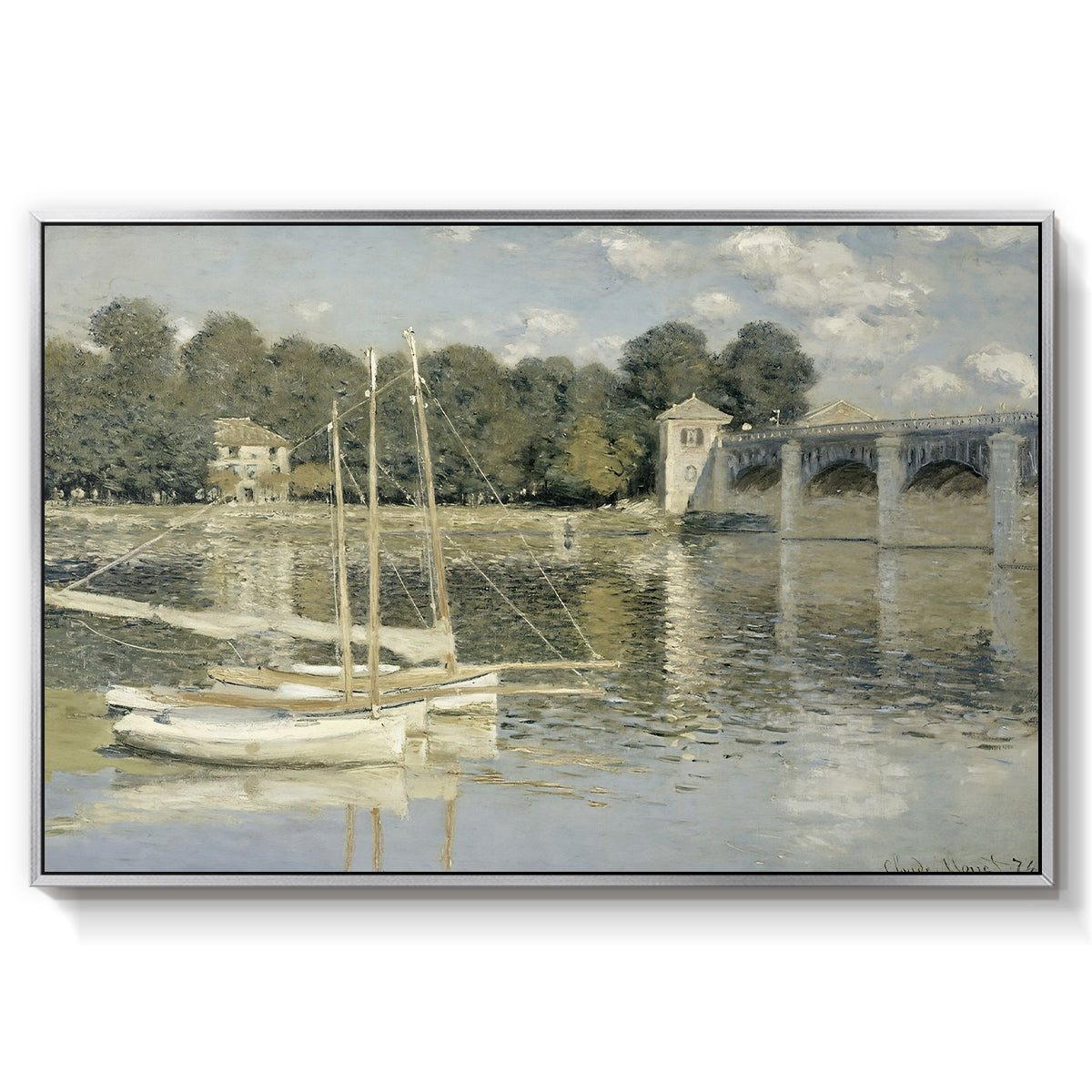 The Bridge at Argenteuil, 1874 by Claude Monet in a silver floater framed canvas wall art display.