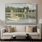The Bridge at Argenteuil, 1874 by Claude Monet displayed in a silver floater framed canvas above a sofa in a clean living room.