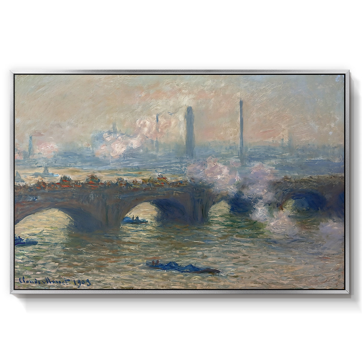 Waterloo Bridge, Gray Day, 1903 by Claude Monet in a silver floater framed canvas wall art display.
