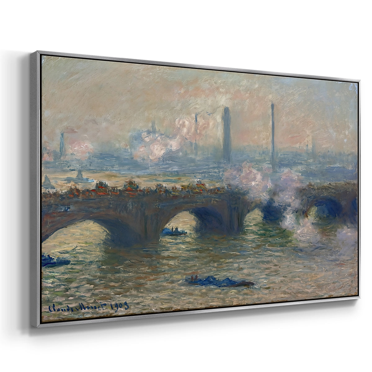 Angled view of Waterloo Bridge, Gray Day, 1903 by Claude Monet in a silver floater framed canvas.
