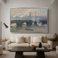 Waterloo Bridge, Gray Day, 1903 by Claude Monet as a silver floater framed canvas featuring a muted cityscape of bridge spanning river under overcast sky, displayed above a sofa in a modern living room.