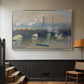 Silver floater framed canvas featuring a foggy London bridge view with softened architectural forms, displayed in a hallway near a staircase.