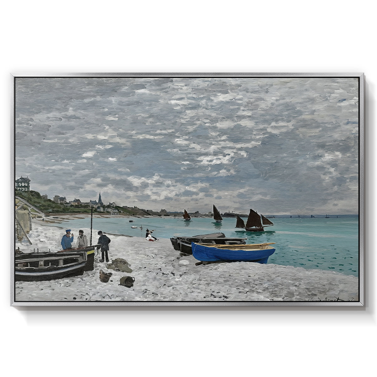The Beach at Sainte-Adresse, 1867 by Claude Monet in a silver floater framed canvas wall art display.