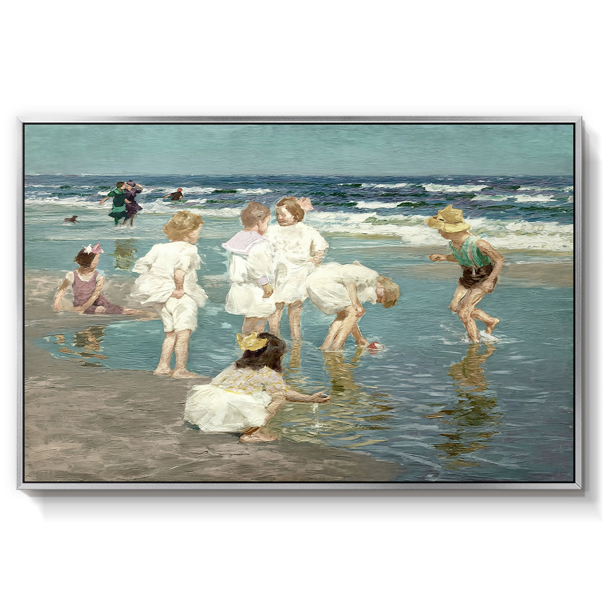 A Holiday, c. 1915 by Edward Henry Potthast in a silver floater framed canvas wall art display.