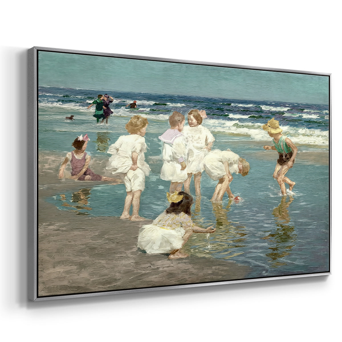 Angled view of A Holiday, c. 1915 by Edward Henry Potthast in a silver floater framed canvas.
