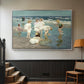 Silver floater framed canvas featuring a lively shoreline scene with people gathered in surf, displayed in a hallway near a staircase.
