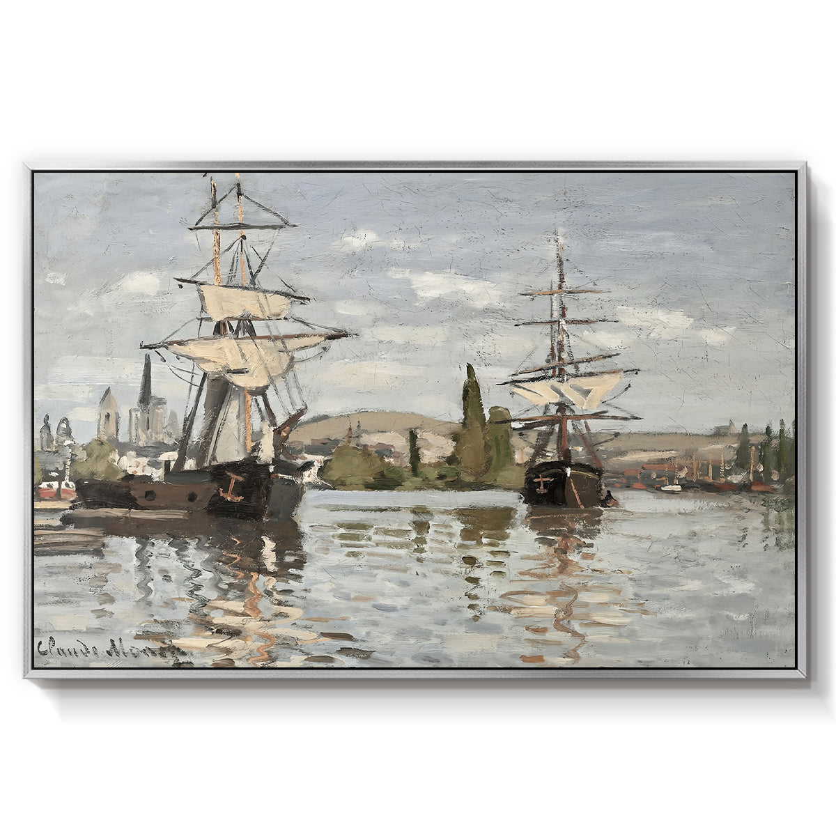 Ships Riding on the Seine at Rouen, 1872 by Claude Monet in a silver floater framed canvas wall art display.