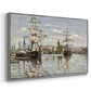 Angled view of Ships Riding on the Seine at Rouen, 1872 by Claude Monet in a silver floater framed canvas.