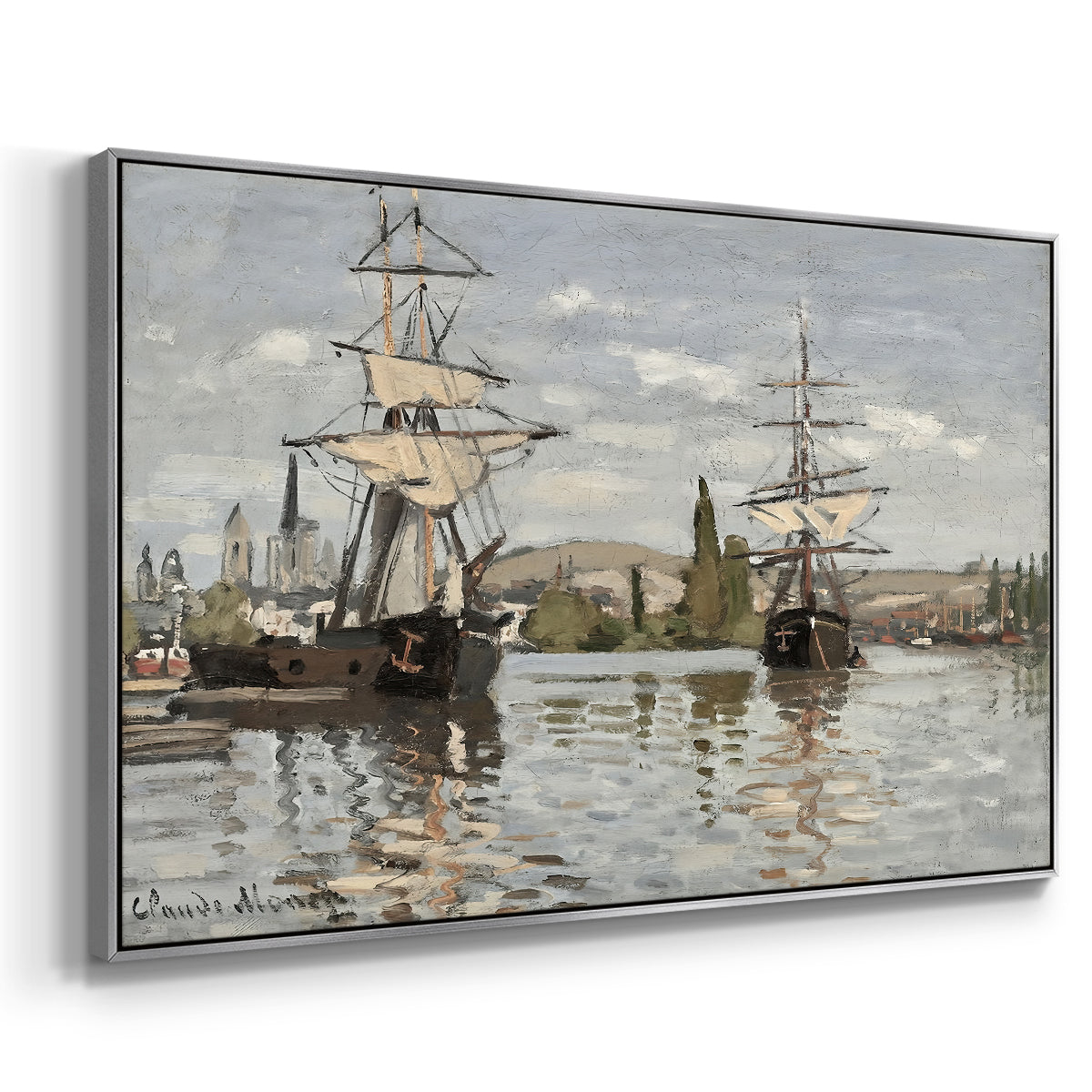Angled view of Ships Riding on the Seine at Rouen, 1872 by Claude Monet in a silver floater framed canvas.