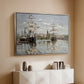 Silver floater framed canvas of Ships Riding on the Seine at Rouen, 1872 by Claude Monet, featuring an impressionist river scene with anchored sailing ships and reflections above a console cabinet in a minimalist entryway.