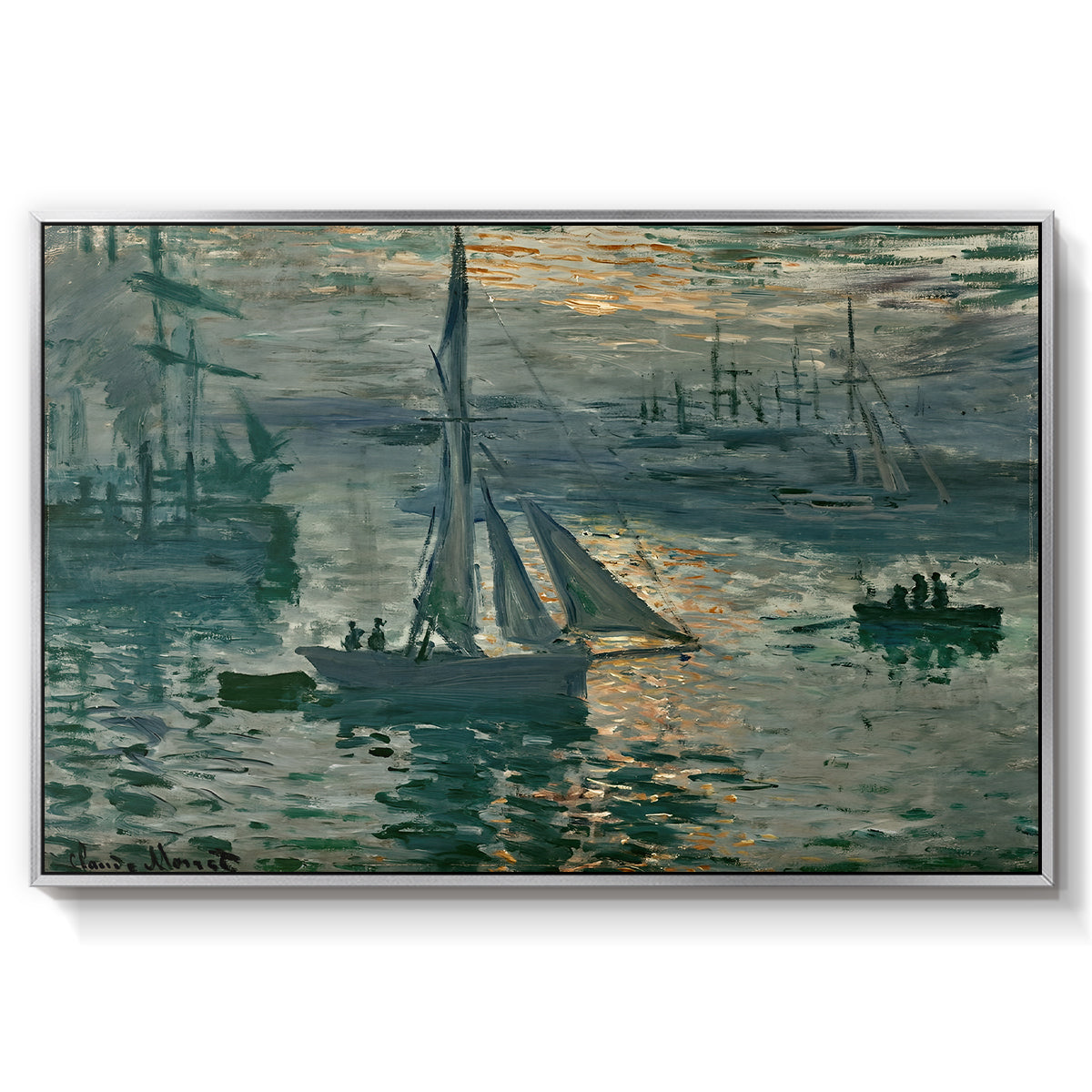 Sunrise (Marine), 1873 by Claude Monet in a silver floater framed canvas wall art display.