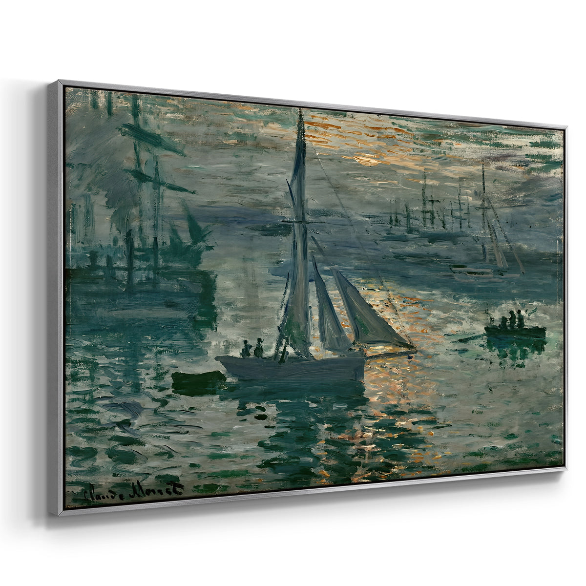 Angled view of Sunrise (Marine), 1873 by Claude Monet in a silver floater framed canvas.