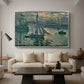 Sunrise (Marine), 1873 by Claude Monet as a silver floater framed canvas featuring a hazy sunrise over harbor with boats silhouetted in soft morning light, displayed above a sofa in a modern living room.