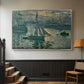 Silver floater framed canvas featuring an atmospheric ocean view with sun rising through haze, displayed in a hallway near a staircase.