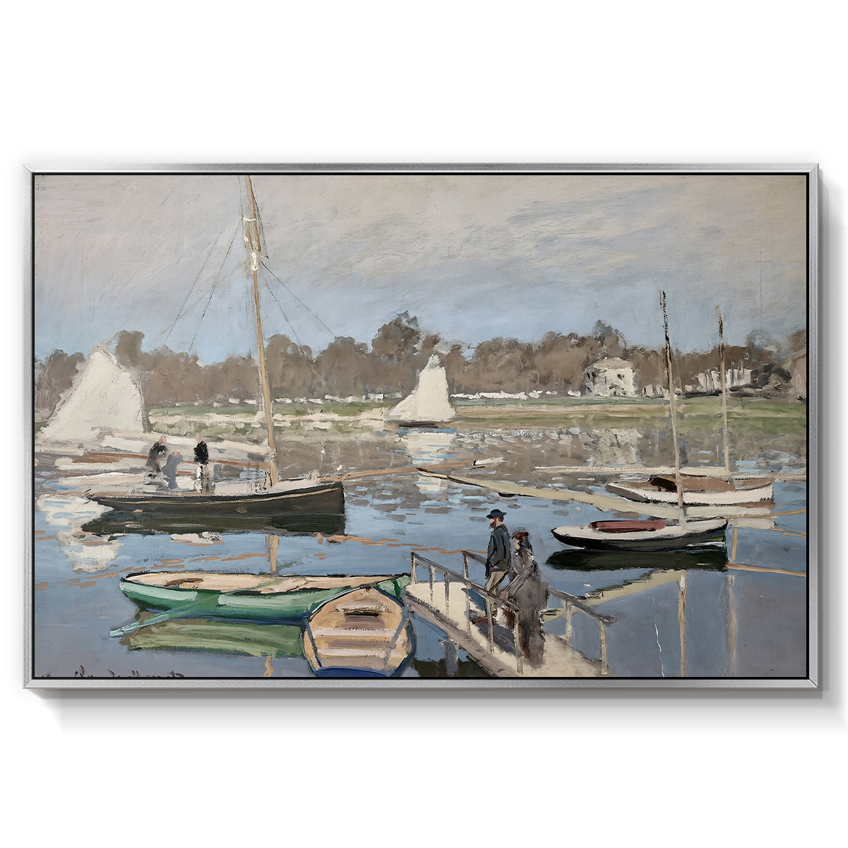 The Basin at Argenteuil, 1874 by Claude Monet in a silver floater framed canvas wall art display.