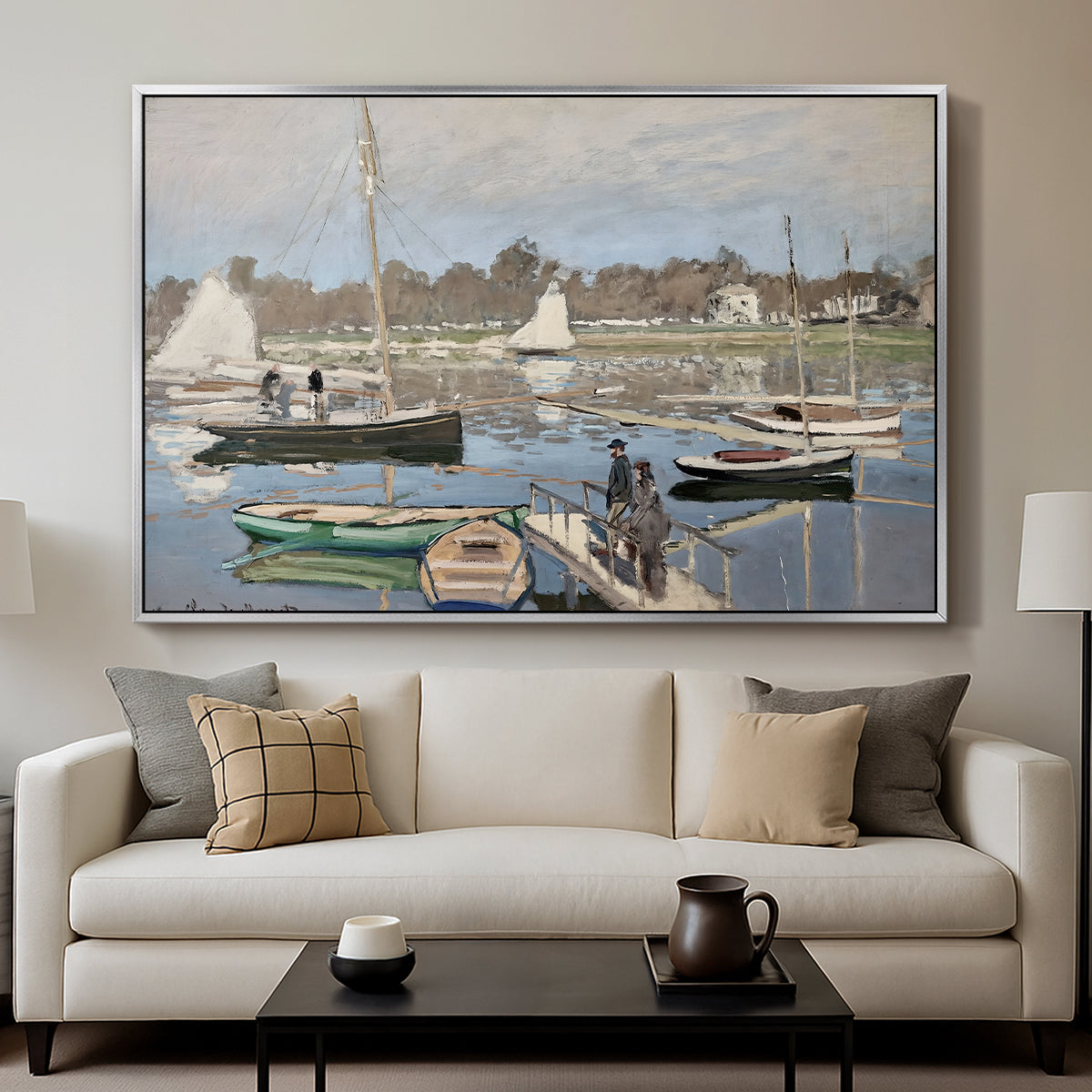 The Basin at Argenteuil, 1874 by Claude Monet displayed in a silver floater framed canvas above a sofa in a clean living room.
