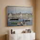 Silver floater framed canvas of The Basin at Argenteuil, 1874 by Claude Monet, featuring an impressionist boating scene with clustered masts and gentle ripples above a console cabinet in a minimalist entryway.