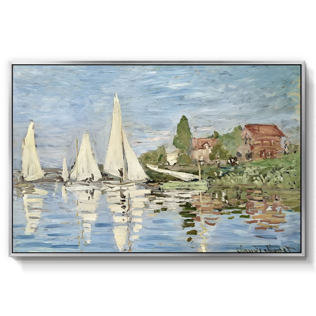 Regatta at Argenteuil, 1872 by Claude Monet in a silver floater framed canvas wall art display.