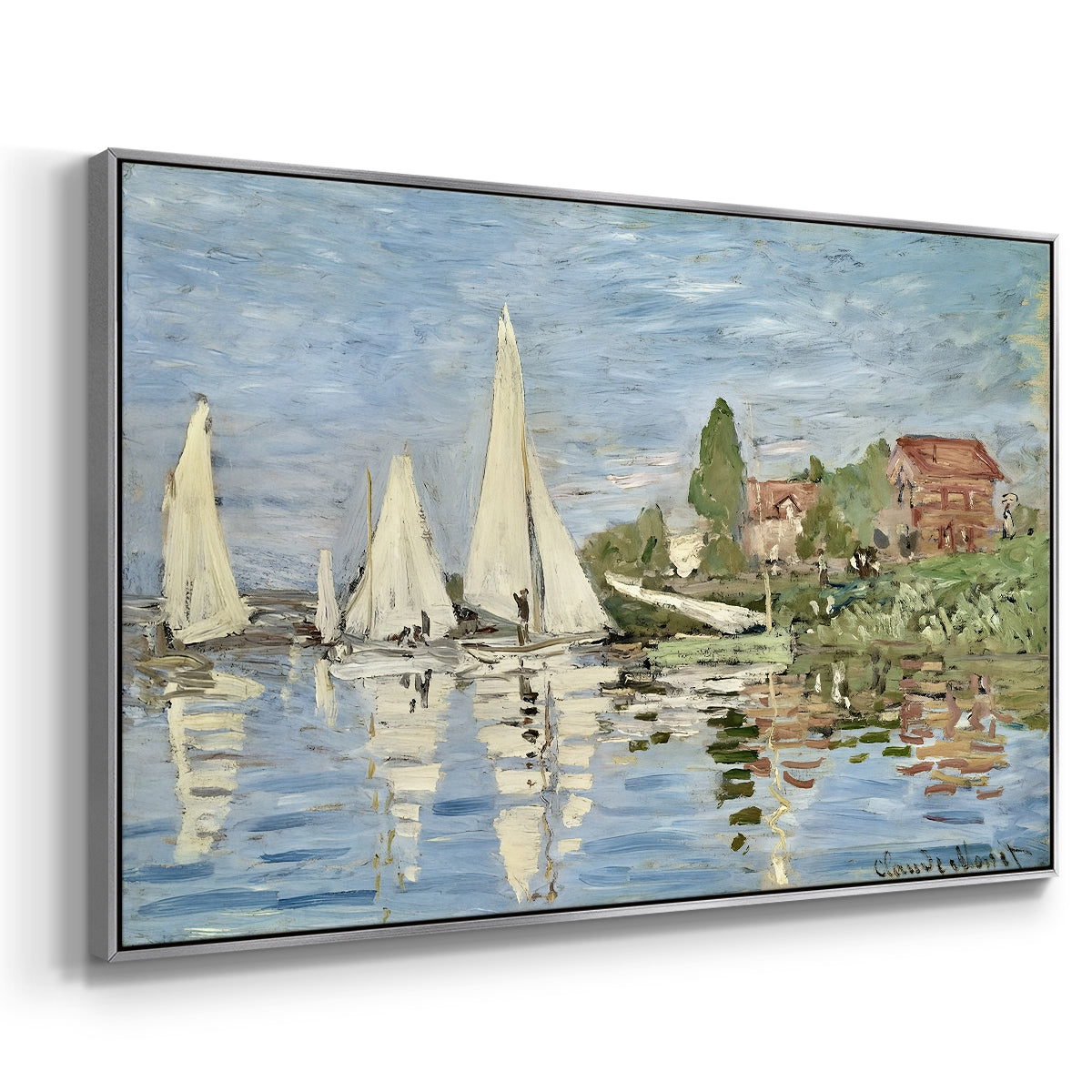 Angled view of Regatta at Argenteuil, 1872 by Claude Monet in a silver floater framed canvas.