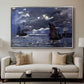 A Seascape, Shipping by Moonlight, 1864 by Claude Monet displayed in a silver floater framed canvas above a sofa in a clean living room.