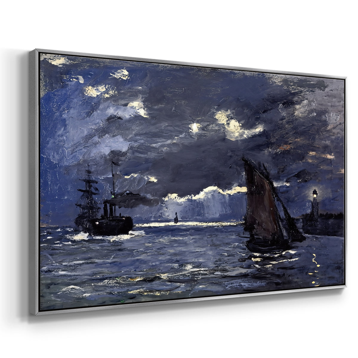 Angled view of A Seascape, Shipping by Moonlight, 1864 by Claude Monet in a silver floater framed canvas.