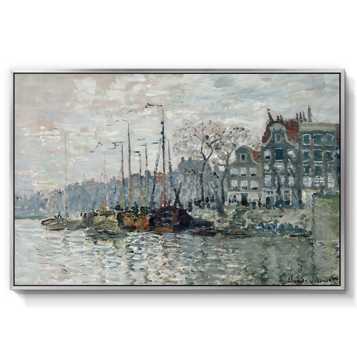 View of the Prins Hendrikkade and Kromme Waal in Amsterdam, 1874 by Claude Monet in a silver floater framed canvas wall art display.