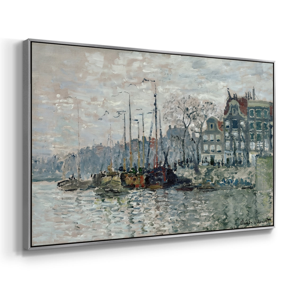 Angled view of View of the Prins Hendrikkade and Kromme Waal in Amsterdam, 1874 by Claude Monet in a silver floater framed canvas.