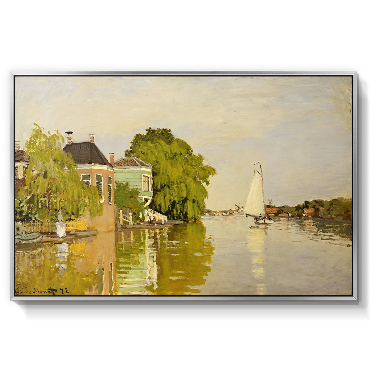 Houses on the Achterzaan, 1871 by Claude Monet in a silver floater framed canvas wall art display.