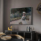 Young Girl in the Garden at Giverny, 1888 by Claude Monet in a silver floater framed canvas featuring a figure resting in colorful garden under soft light, displayed above a desk in a dark home office interior.