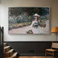 Silver floater framed canvas featuring a tranquil outdoor portrait of girl in floral setting, displayed in a hallway near a staircase.
