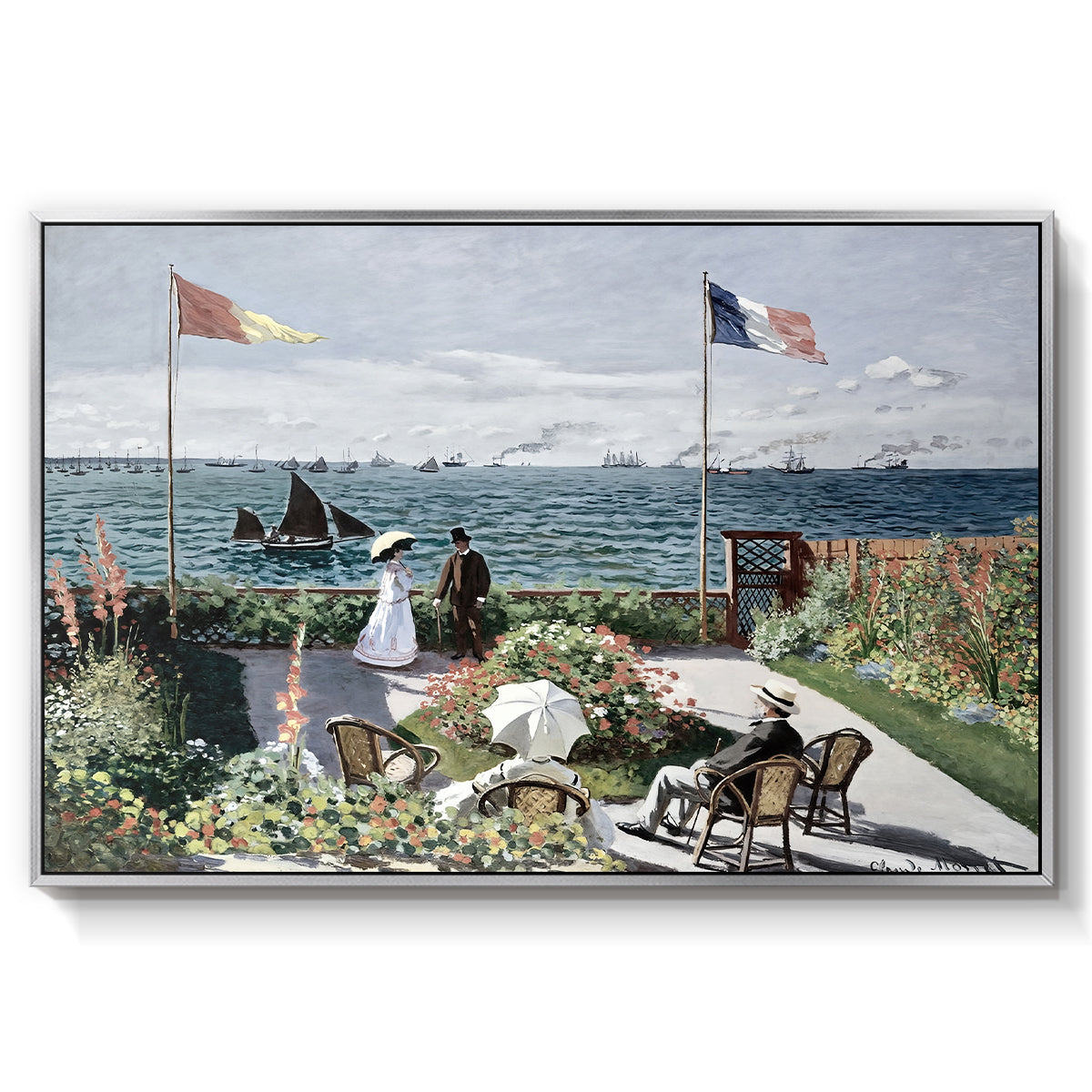 Garden at Sainte-Adresse, 1867 by Claude Monet in a silver floater framed canvas wall art display.