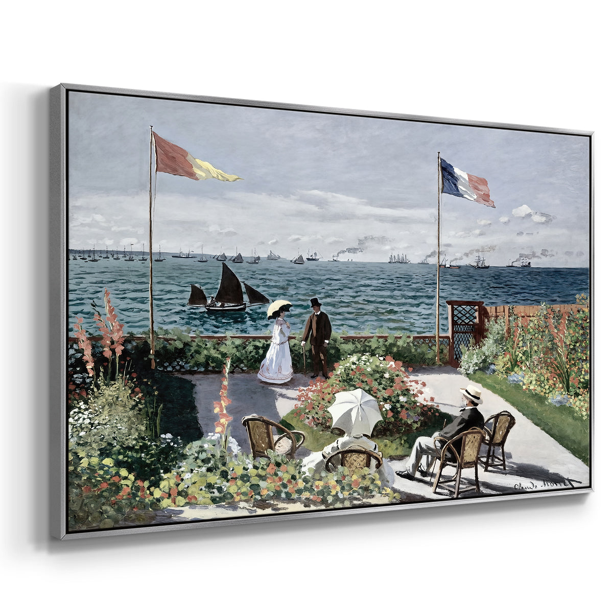 Angled view of Garden at Sainte-Adresse, 1867 by Claude Monet in a silver floater framed canvas.