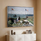 Silver floater framed canvas of Garden at Sainte-Adresse, 1867 by Claude Monet, featuring an impressionist coastal garden with people and ocean view above a console cabinet in a minimalist entryway.