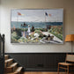 Silver floater framed canvas featuring a landscaped terrace with figures and flags near shoreline, displayed in a hallway near a staircase.