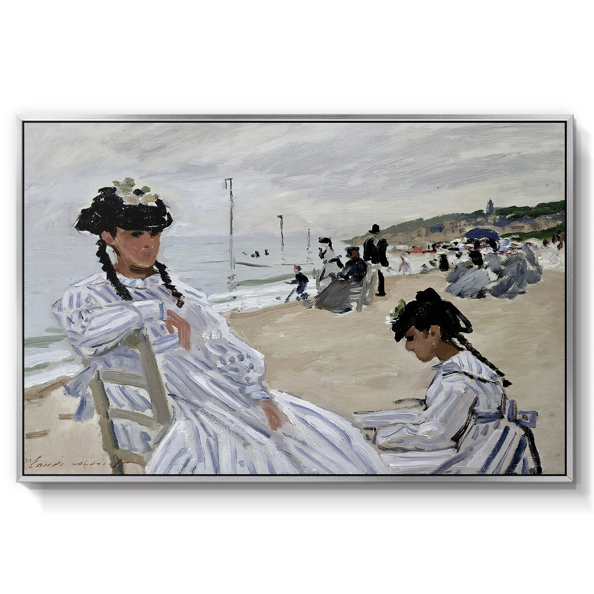 On the Beach at Trouville, 1870 by Claude Monet in a silver floater framed canvas wall art display.