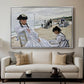 On the Beach at Trouville, 1870 by Claude Monet displayed in a silver floater framed canvas above a sofa in a clean living room.