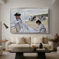 On the Beach at Trouville, 1870 by Claude Monet as a silver floater framed canvas featuring figures seated on beach with parasols facing the ocean, displayed above a sofa in a modern living room.