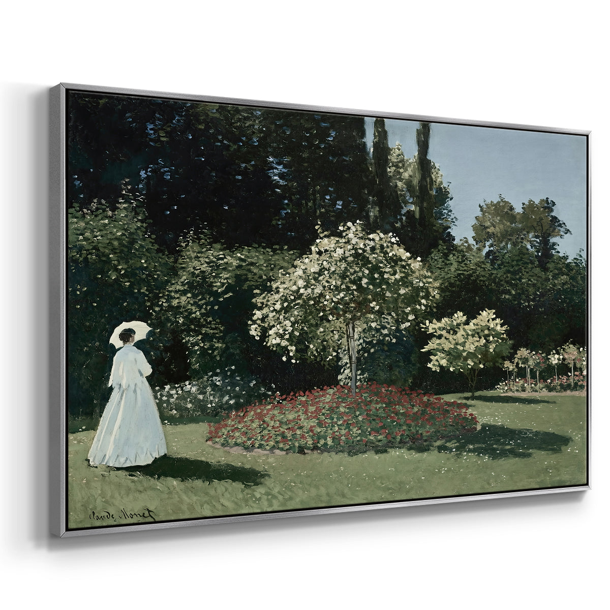 Angled view of Woman in the Garden, Sainte-Adresse, 1867 by Claude Monet in a silver floater framed canvas.