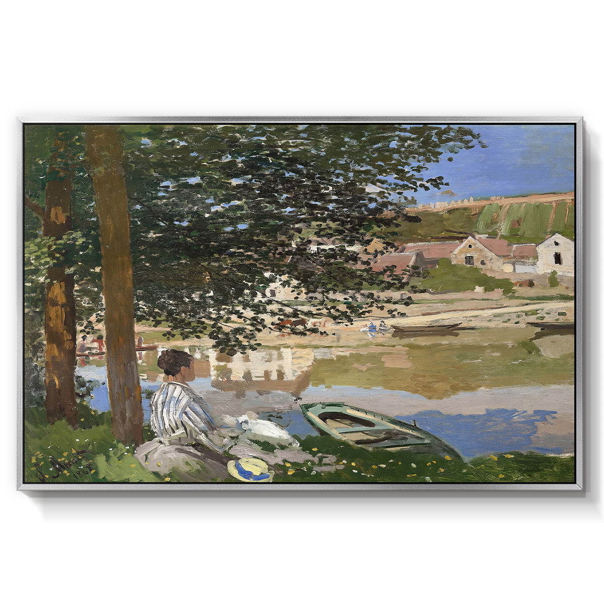 On the Bank of the Seine, Bennecourt, 1868 by Claude Monet in a silver floater framed canvas wall art display.