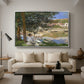 On the Bank of the Seine, Bennecourt, 1868 by Claude Monet as a silver floater framed canvas featuring a woman and child seated along riverbank beneath trees in soft daylight, displayed above a sofa in a modern living room.