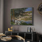 On the Bank of the Seine, Bennecourt, 1868 by Claude Monet in a silver floater framed canvas featuring an impressionist landscape with people relaxing along the Seine, displayed above a desk in a dark home office interior.