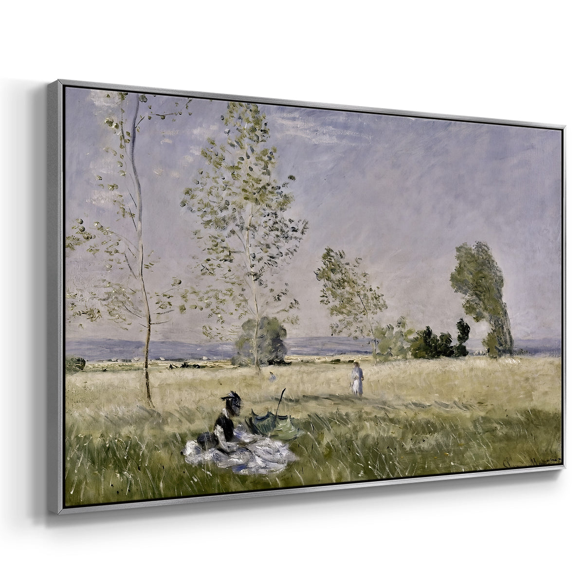 Angled view of Summer (L'ete), 1874 by Claude Monet in a silver floater framed canvas.