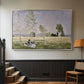 Silver floater framed canvas featuring a tranquil summer landscape with lone figure in nature, displayed in a hallway near a staircase.