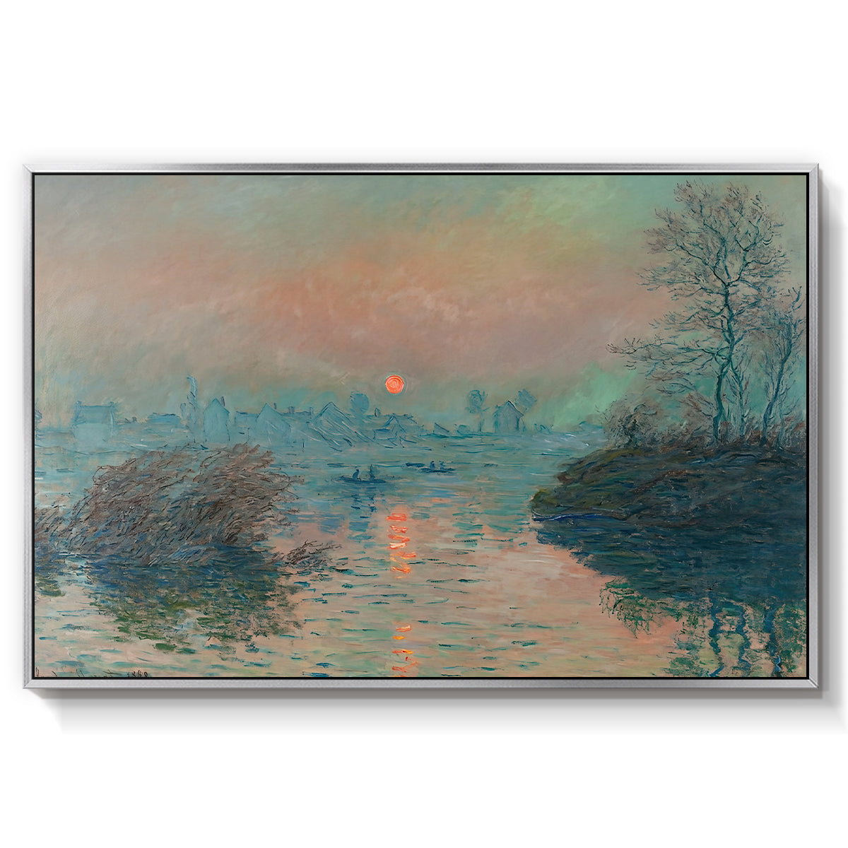 Sunset on the Seine at Lavacourt, Winter Effect, 1880 by Claude Monet in a silver floater framed canvas wall art display.