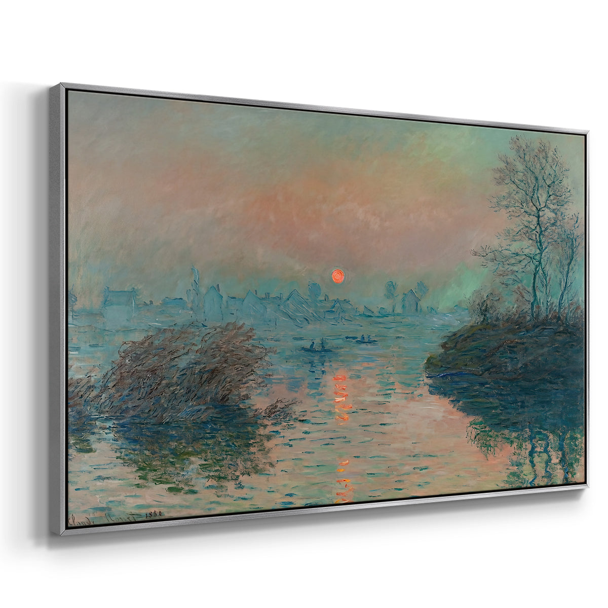 Angled view of Sunset on the Seine at Lavacourt, Winter Effect, 1880 by Claude Monet in a silver floater framed canvas.